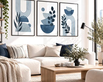 Blue Navy Botanical Wall Art Set of 3, Boho Floral Prints, Mid Century Decor, Bedroom Wall Art, Modern Gallery Wall, Digital Download