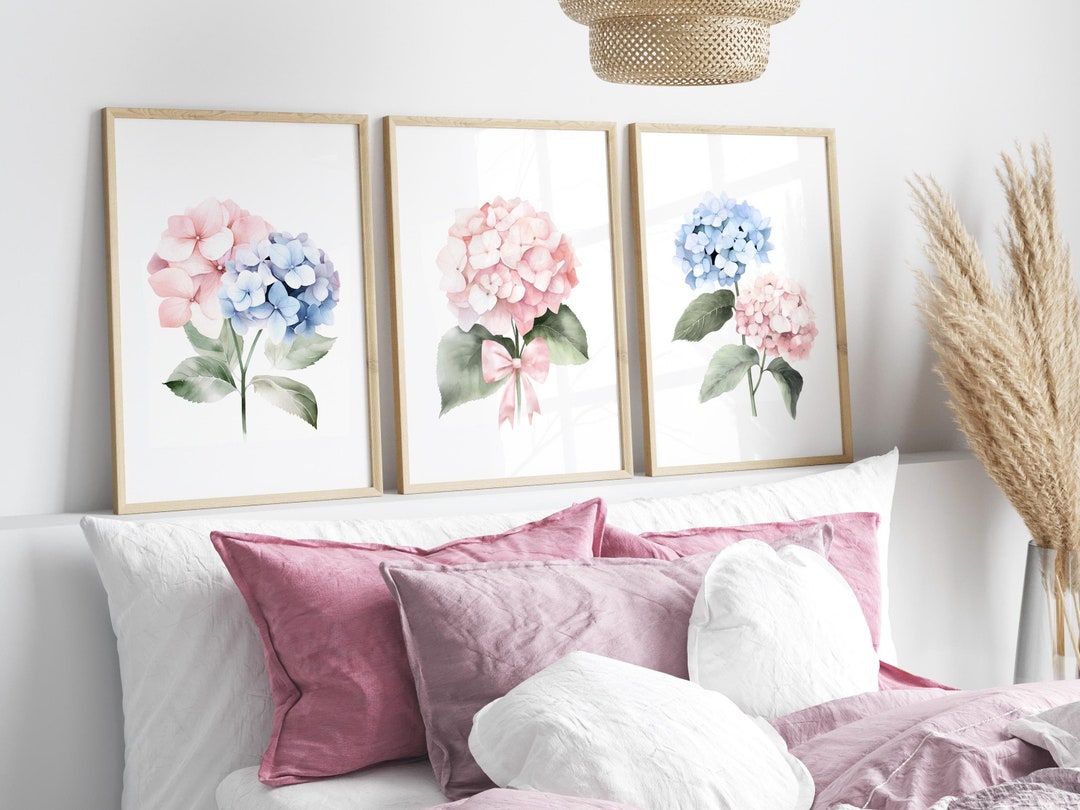 Pastel Blue and Pink Hydrangea Watercolor Set of 3 Prints, Botanical ...