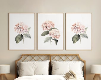 Watercolor Blush Pink Hydrangea Set of 3 prints Botanical Flowers Abstract Wall decor, Hamptons style Modern Bedroom Living Room PRINTABLE