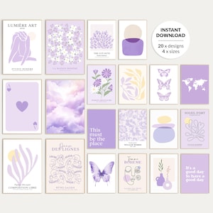 Set of 20, Lilac Floral Prints, Boho Pastel Purple Gallery Wall Art, Aesthetic Museum Poster, Violet Dorm Decor, Trendy Printable Wall Art