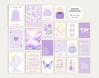 Set of 20, Lilac Floral Prints, Boho Pastel Purple Gallery Wall Art, Aesthetic Museum Poster, Violet Dorm Decor, Trendy Printable Wall Art