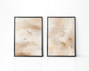 Crane Bird Watercolor Prints, Neutral Beige Minimalist Wall Art (Set of 2, Digital Download)