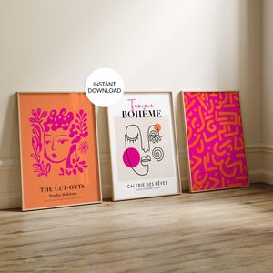 Set of 3 Colorful Abstract Wall Art Prints, Modern Gallery Poster Set, Pink and Orange Trendy Decor, Digital Download, Popular Printable Art