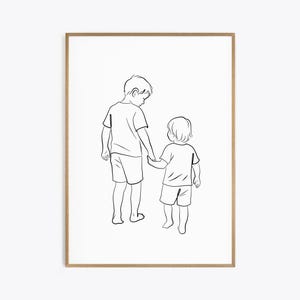 Arte lineal de hermanos, dibujo de hermanos tomados de la mano, arte mural minimalista para niños, impresión de arte lineal familiar, póster infantil, descarga digital
