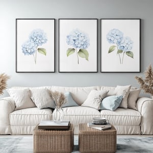 Blue Hydrangea Set of 3 Watercolor Prints, Botanical Wall Art, Abstract Flower Decor Living Room Bedroom, Hamptons Style Digital Download