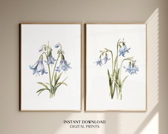 Watercolor Bluebell Flower Set of 2 prints Botanical Flowers Abstract Wall decor, Hamptons style Rustic Modern Bedroom Living Room PRINTABLE