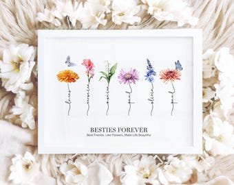 Regalo para mejor amiga, impresión de flores de nacimiento personalizada, regalo de amistad personalizado para ella, regalo de cumpleaños de mejor amiga, arte de pared imprimible.