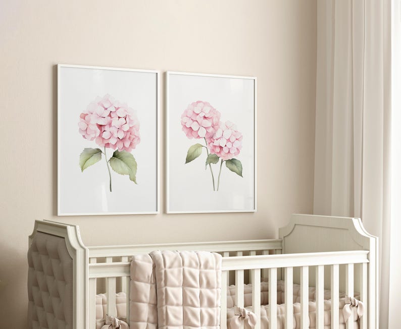 Watercolor Pastel Pink Hydrangea Set of 2 Prints, Botanical Flowers ...