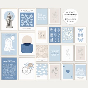 Trendy Blue Poster Set of 20 prints, Abstract Gallery Wall Art, Blue preppy Dorm and Eclectic Bedroom Decor, Digital Download Prints