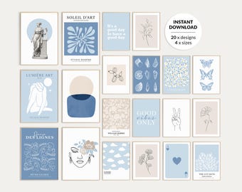 Puede incluir: Un conjunto de 20 diseños de arte de pared imprimibles en 4 tamaños. Los diseños presentan una variedad de ilustraciones minimalistas en tonos azules y beige, que incluyen una estatua, flores, nubes y formas abstractas. El texto "INSTANT DOWNLOAD" está incluido en la imagen.