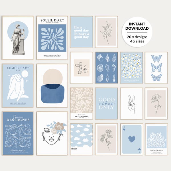 Trendy Blue Poster Set of 20 prints, Abstract Gallery Wall Art, Blue preppy Dorm and Eclectic Bedroom Decor, Digital Download Prints