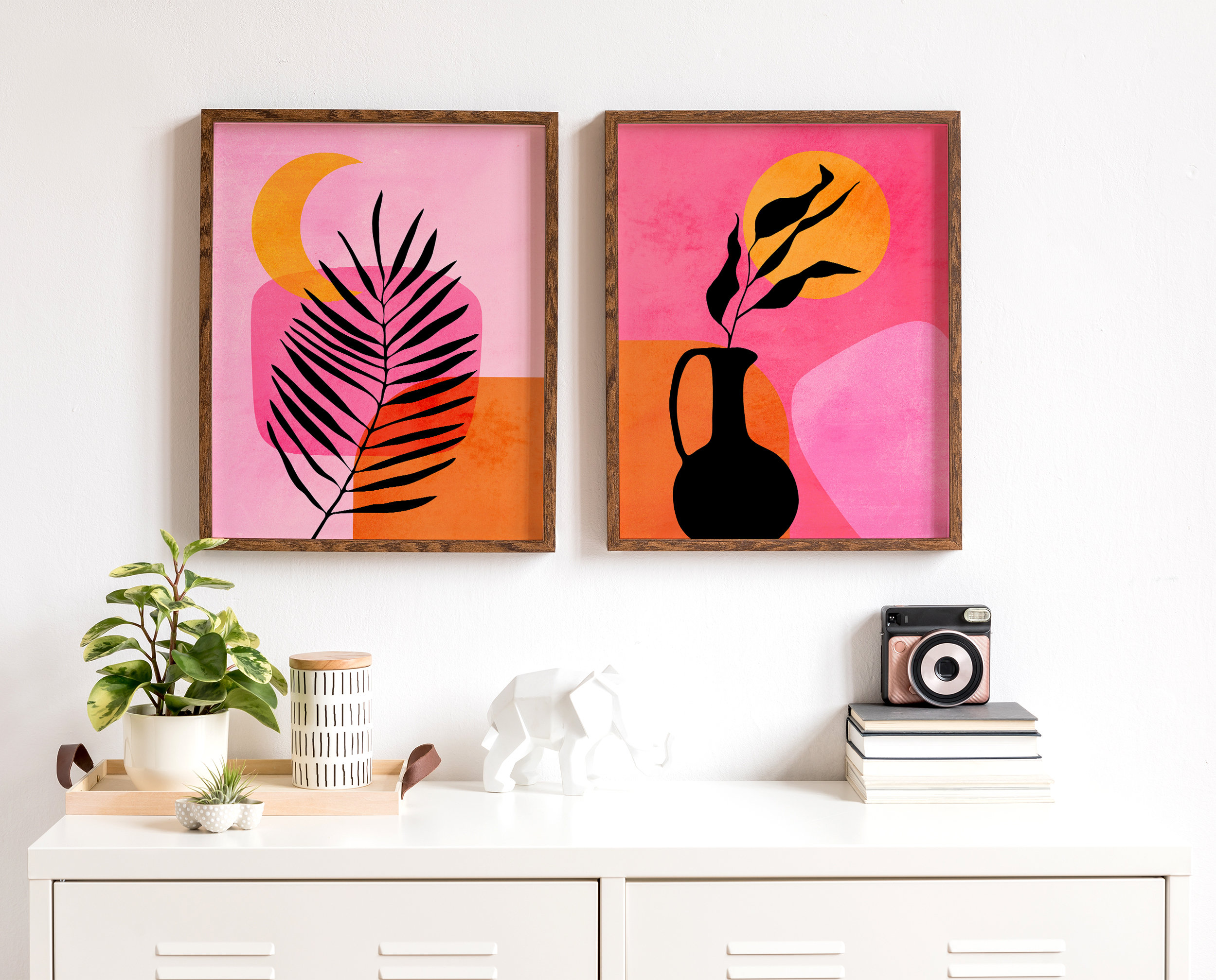 Set of 2 Orange and Pink Wall Art Set. Abstract Pink Print. Etsy