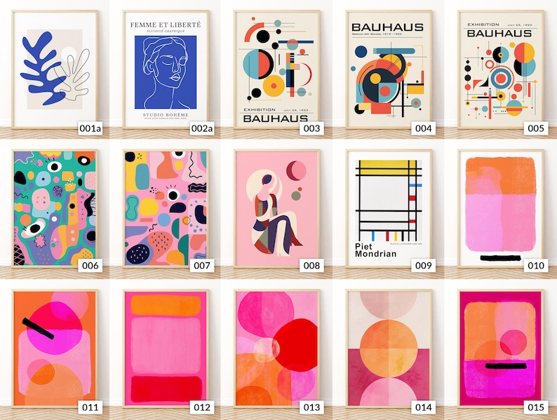 May include: A selection of framed art prints with abstract and Bauhaus-inspired designs. The prints display a range of colours, including blue, pink, orange, and black. Some prints feature text such as "Bauhaus" and "Femme et Liberte".