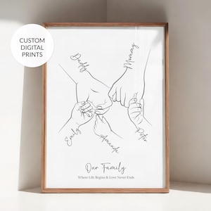 Benutzerdefinierte Familienhände Druck, 5 köpfige Familie Line Art, personalisiertes Babypartygeschenk, neue Eltern Kunst, druckbare Muttertagsweihnachtsgeschenkdekoration