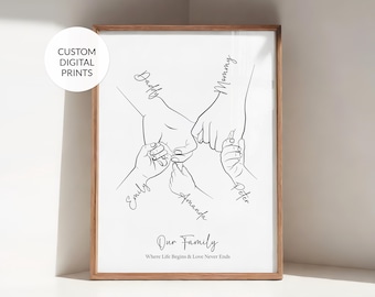 Impresión personalizada de manos familiares, arte lineal para familia de 5, regalo personalizado para baby shower, arte para nuevos padres, decoración imprimible para el Día de la Madre y Navidad.