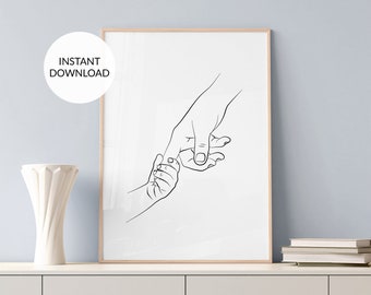 Lámina artística de madre y bebé tomados de la mano: Decoración minimalista para habitación infantil (descarga digital)