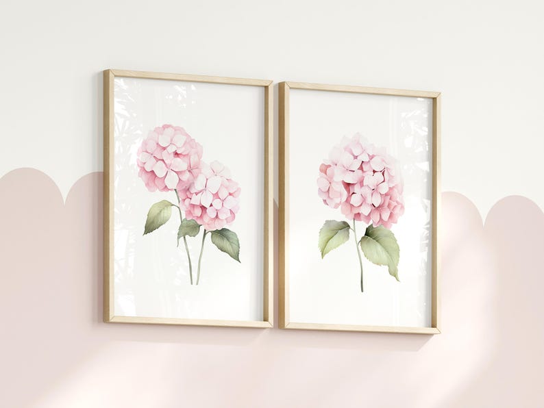 Watercolor Pastel Pink Hydrangea Set of 2 Prints, Botanical Flowers ...