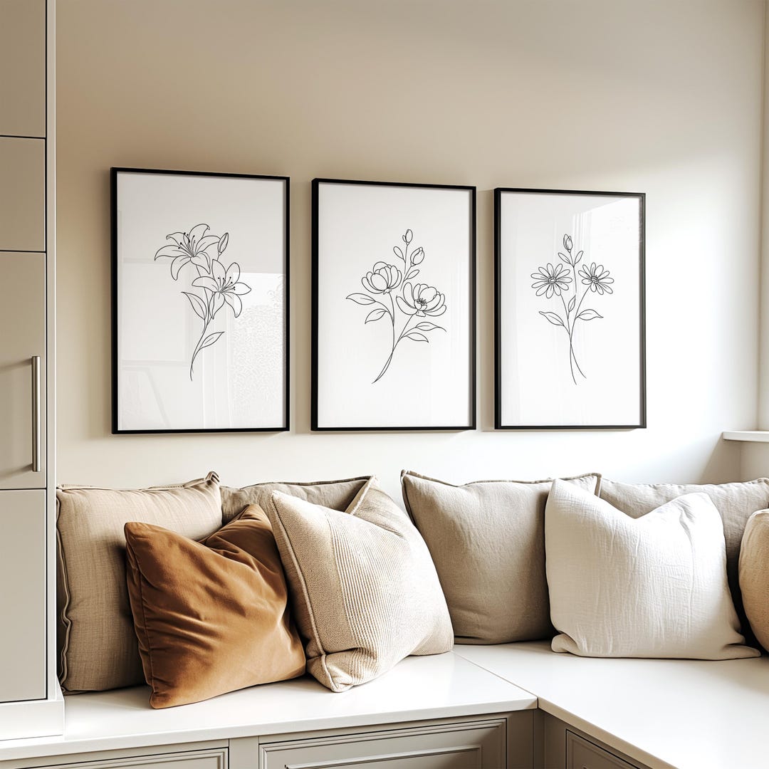 Wildflower Line Art Set of 3 Prints, Minimalist Botanical Wall Art ...
