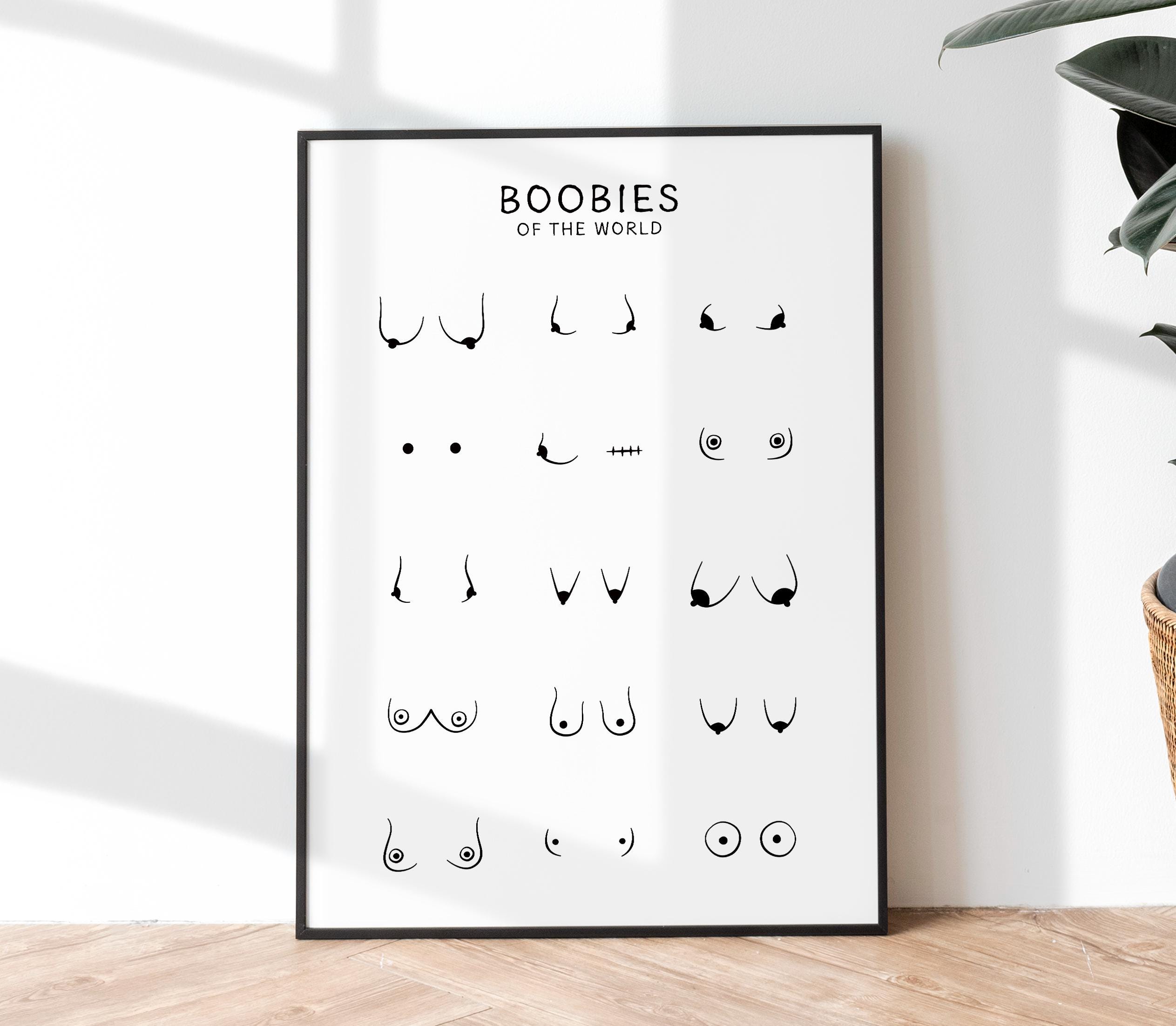 Boobs Line Art Print, Feminist Breast Illustration Poster, Girl Power Wall Art, Funny Boobies of the World Chart Sketch, Printable Decor