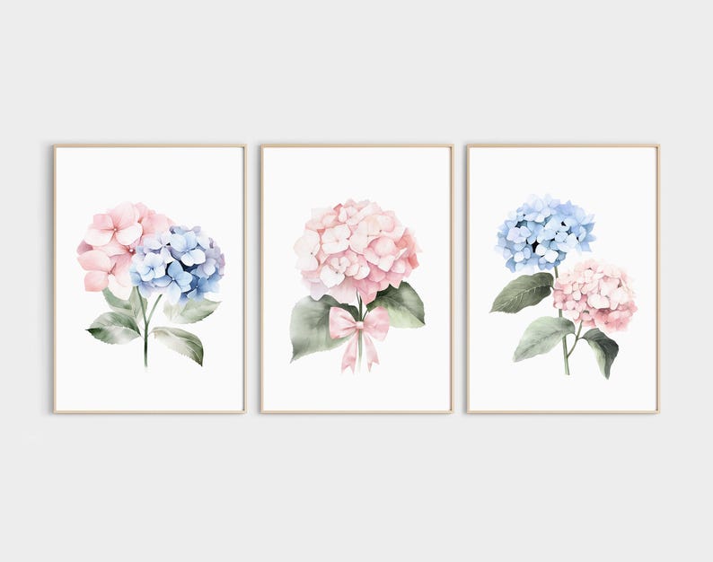 Pastel Blue and Pink Hydrangea Watercolor Set of 3 Prints, Botanical ...