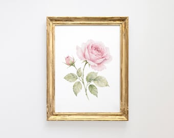 Illustration florale aquarelle rose, style champêtre français, idéale pour la chambre ou le salon. Téléchargement numérique.