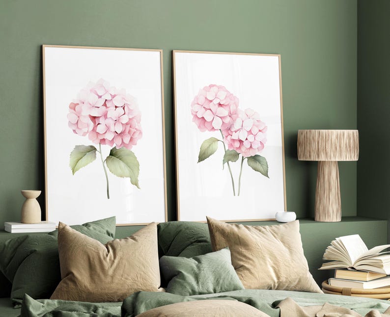 Watercolor Pastel Pink Hydrangea Set of 2 Prints, Botanical Flowers ...