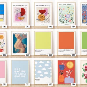 May include: A selection of framed art prints featuring diverse designs. The prints showcase abstract art, floral arrangements, colour swatches, and motivational quotes. Each print is presented in a wooden frame, offering a variety of styles and themes.