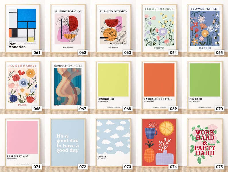 May include: A selection of framed art prints featuring diverse designs. The prints showcase abstract art, floral arrangements, colour swatches, and motivational quotes. Each print is presented in a wooden frame, offering a variety of styles and themes.