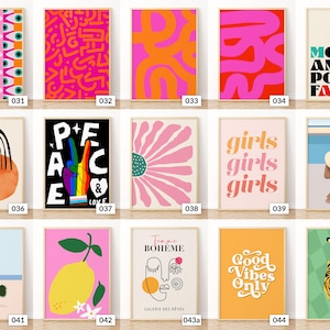 May include: A selection of framed art prints featuring diverse designs. The prints showcase abstract patterns in bright colours, text-based art with phrases such as "Peace & Love" and "Good Vibes Only", and illustrations of a lemon, a tiger, and a person at the beach.