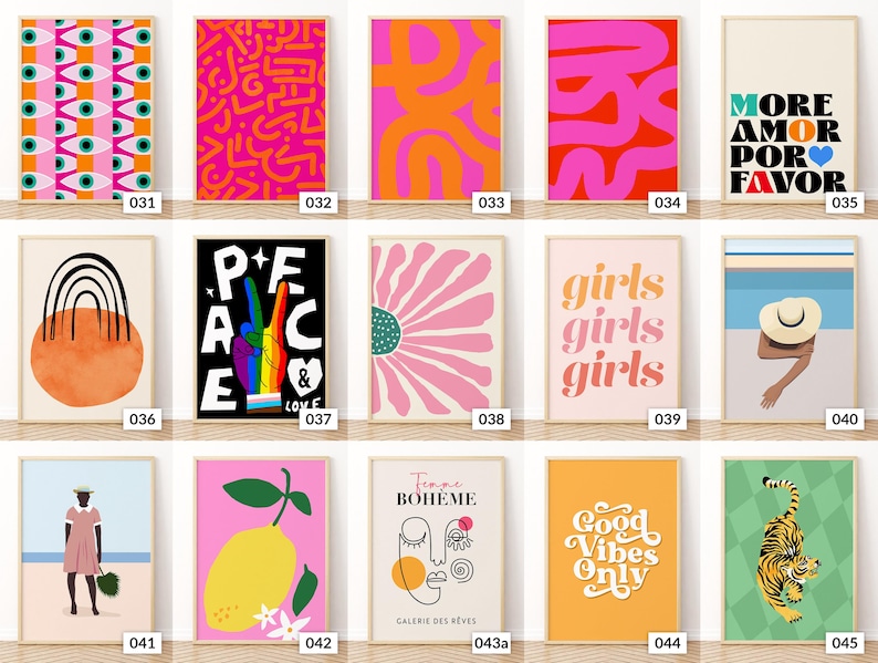 May include: A selection of framed art prints featuring diverse designs. The prints showcase abstract patterns in bright colours, text-based art with phrases such as "Peace & Love" and "Good Vibes Only", and illustrations of a lemon, a tiger, and a person at the beach.