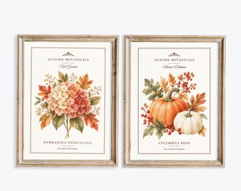 Pumpkin Fall Prints, Autumn Hydrangea Watercolor Wall Art, Cottagecore Farmhouse Decor, Fall Bedroom Living Room, Set of 2, Digital Download
