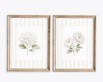 Cream White  Beige Striped Hydrangea, Peony Set of 2 Prints, Neutral Farmhouse Floral Wall Art, Grandmillennial Living Room Decor, Printable