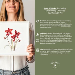 Puede incluir: Instrucciones para comprar, descargar e imprimir arte digital. Las instrucciones incluyen la compra en Etsy, la descarga de archivos y la impresi&oacute;n en casa o el uso de una imprenta local. La imagen tambi&eacute;n muestra una pintura de acuarela de orqu&iacute;deas rojas.