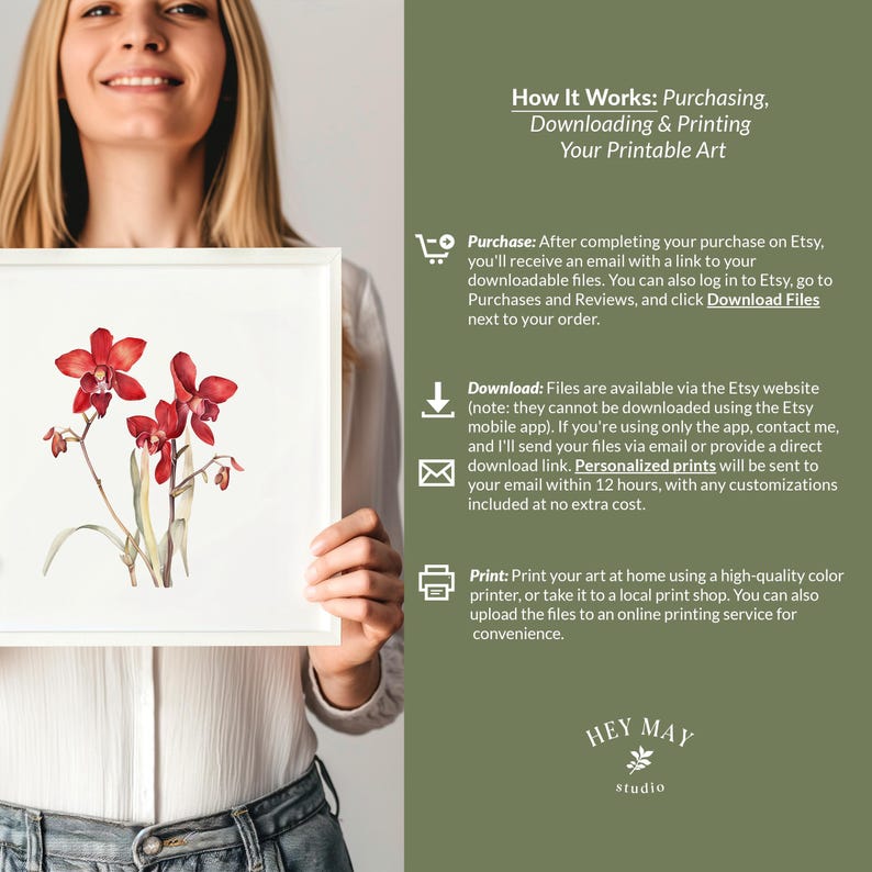 Puede incluir: Instrucciones para comprar, descargar e imprimir arte digital. Las instrucciones incluyen la compra en Etsy, la descarga de archivos y la impresi&oacute;n en casa o el uso de una imprenta local. La imagen tambi&eacute;n muestra una pintura de acuarela de orqu&iacute;deas rojas.