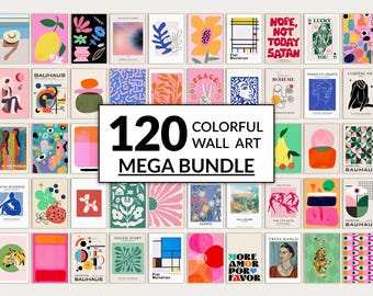 Lot de 120 oeuvres d'art murales colorées. Ensemble de galerie éclectique. Collage coloré de mur de galerie. Art mural imprimable. Galerie maximaliste. Art abstrait rose