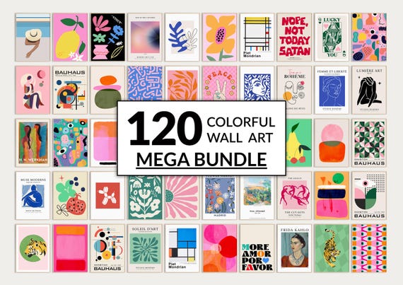 120 Colorful wall art BUNDLE. Eclectic gallery set. Colorful gallery wall collage. Printable wall art. Maximalist gallery. Pink abstract art