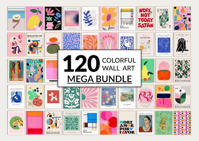 May include: A bundle of 120 colourful wall art prints. The prints showcase diverse abstract designs, illustrations, and text, including the phrases "Nope, Not Today Satan" and "More Amor Por Favor". The art pieces are in a variety of colours and styles.