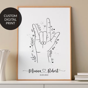 Regalo personalizado. Señal de "Te amo". Decoración del hogar. Arte lineal. Impresión de amor en lenguaje de señas. Impresión personalizada de dibujo lineal de aniversario. Señal en lenguaje de señas. Imprimible.