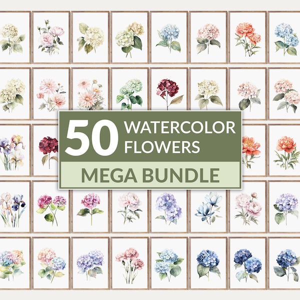 50 Colorful Watercolor Flowers wall art BUNDLE. Hydrangea, Peonies Colorful Spring Botanical Gallery, Bedroom Living Room Decor PRINTABLE