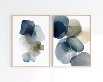 Abstract Watercolor Prints, Navy Beige Green Wall Art (Set of 2, Digital Download)