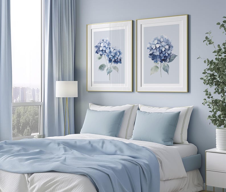 Blue Hydrangeas Wall Art Set of 2, Botanical Flower Watercolor Prints ...