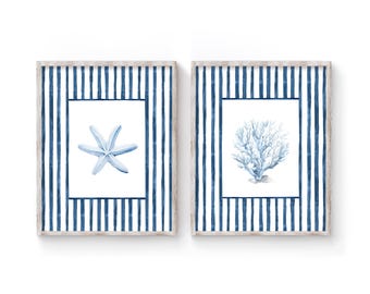 Set aquarelverf aan de kust: marineblauw koraal, zeester, strandhuisdecor (digitale download)