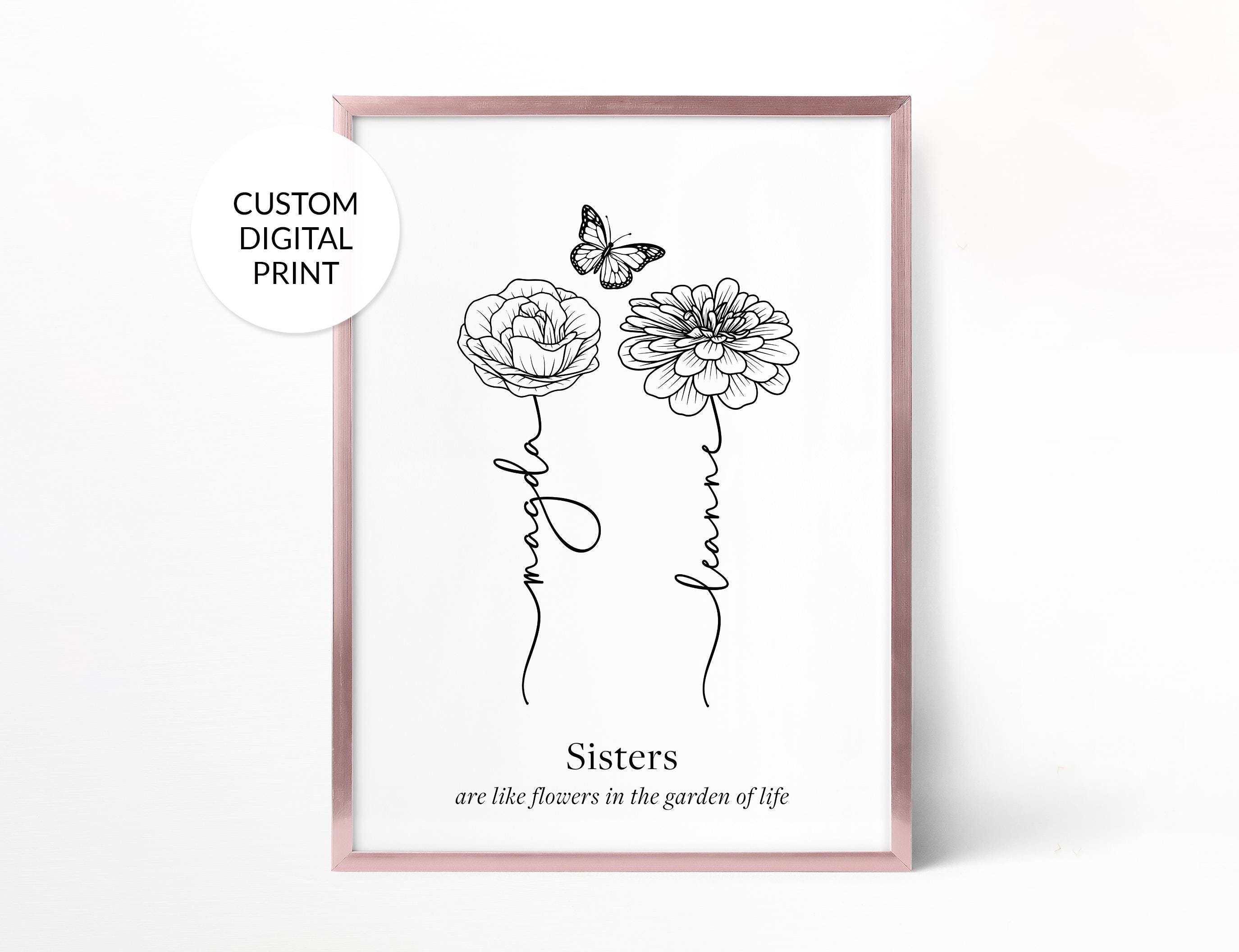 Custom Sisters Flower Line Art Print With Names, Personalized Floral ...