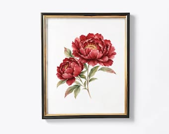 Burgundy Peony Wall Art, Red Peony Watercolor Print, Vintage Floral Decor, Bedroom Decor, Printable Digital Download
