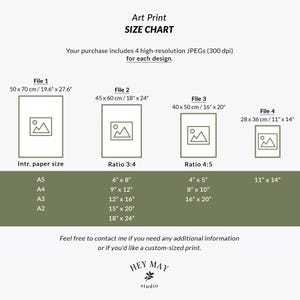 Puede incluir: Una tabla de tallas para impresiones de arte, que muestra cuatro tama&ntilde;os de archivo diferentes con las medidas correspondientes en pulgadas y cent&iacute;metros. La tabla tambi&eacute;n incluye una lista de tama&ntilde;os de papel est&aacute;ndar en pulgadas, como 6x8, 9x12, 12x16, 15x20 y 18x24.