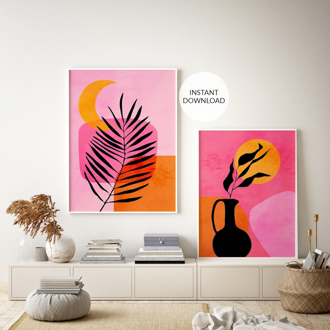 Set of 2, Orange and Pink Wall Art Set. Abstract Pink Print. Maximalist