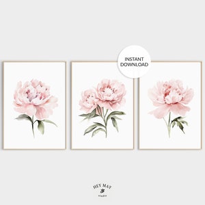 Watercolor Blush Pink Peonies Set of 3 Prints, Floral Poster Set ...