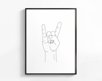 Rock On hand line art print, Rock and Roll gesture Wall art, Hand illustration, Minimalist line drawing, Rock hand sketch poster Printable