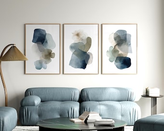 Abstract Watercolor Prints, Navy Beige Green Art, Modern Decor (Set of 3, Digital Download)