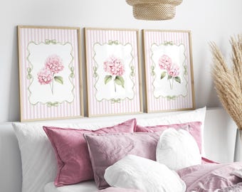 Pink Striped Hydrangea Watercolor Flower Set of 3 Prints, Soft Cottagecore Floral Wall Art, Hamptons Bedroom or Cottage Botanical Printable
